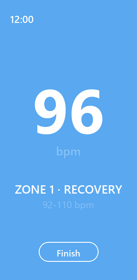 In The Zone's workout display: the whole screen turns the zone's colour as heart rate rises through Zone 1 to Zone 5.