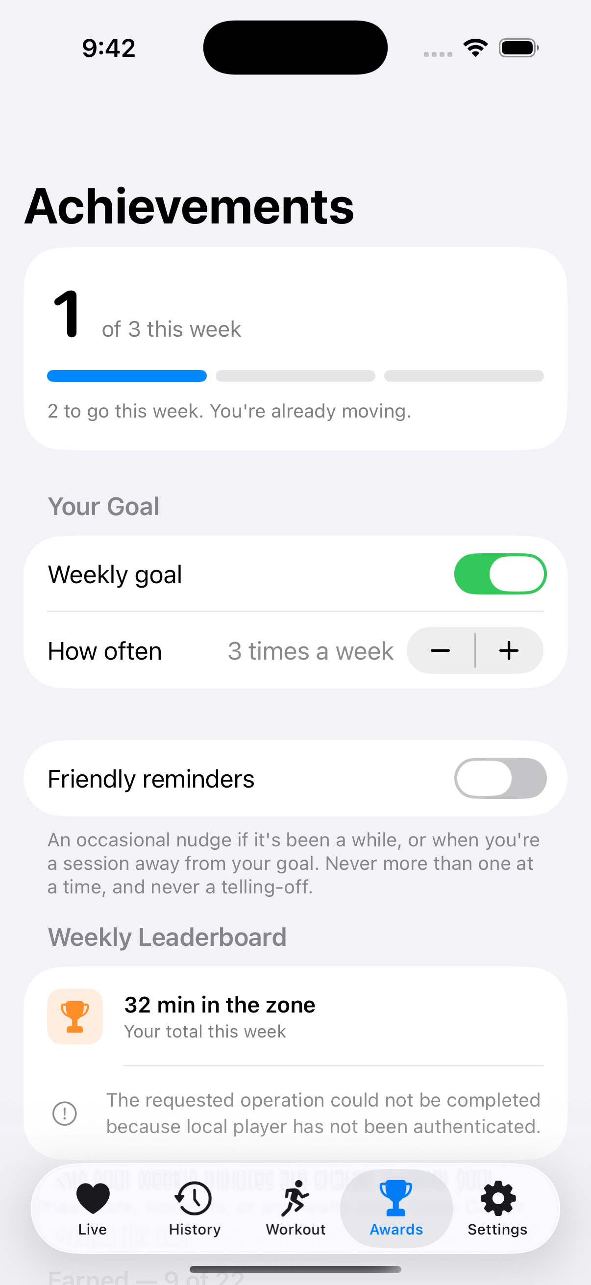 The achievements screen showing a weekly goal and earned awards.