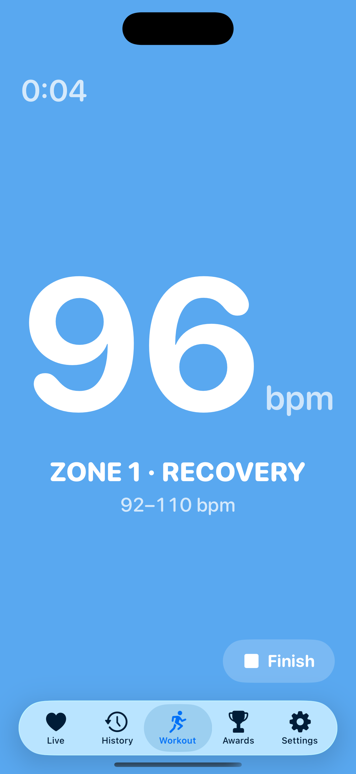 The workout display, showing a heart rate of 126 beats per minute on a full green Zone 2 screen.